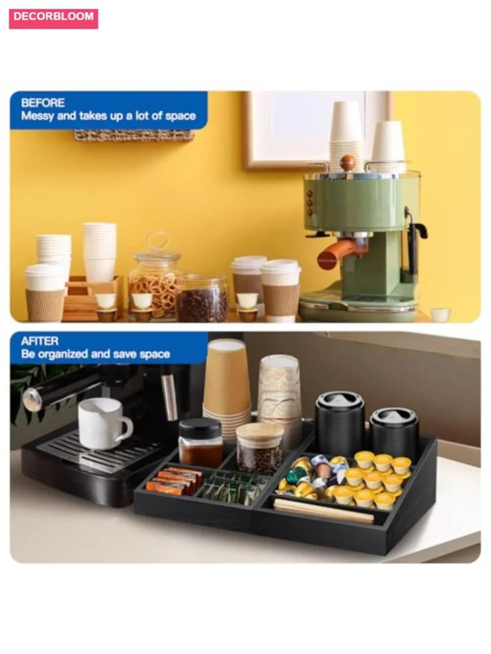 Solid Pine Wood Coffee Station Organizer with 9 Compartments